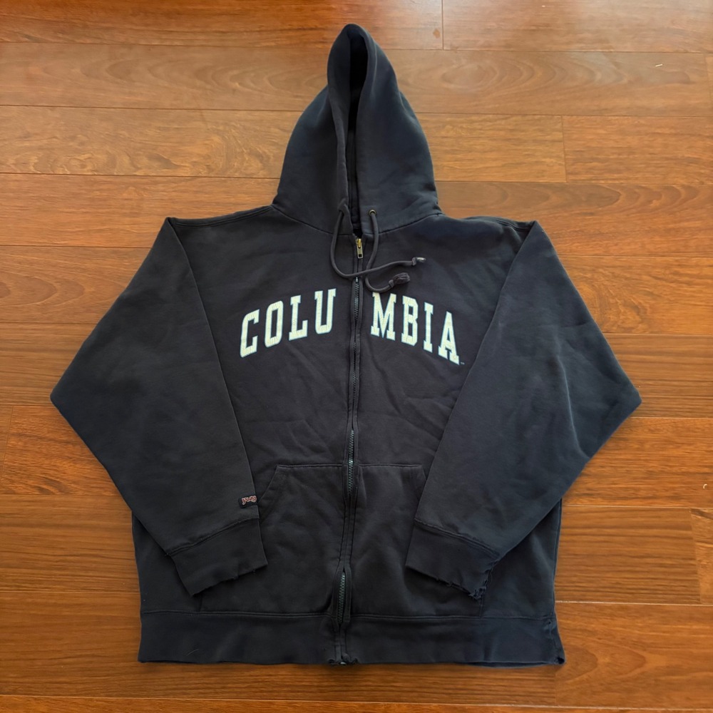 Jansport Mens Columbia Hoodie Large Navy Blue Distressed Zip Up Spellout Vintage